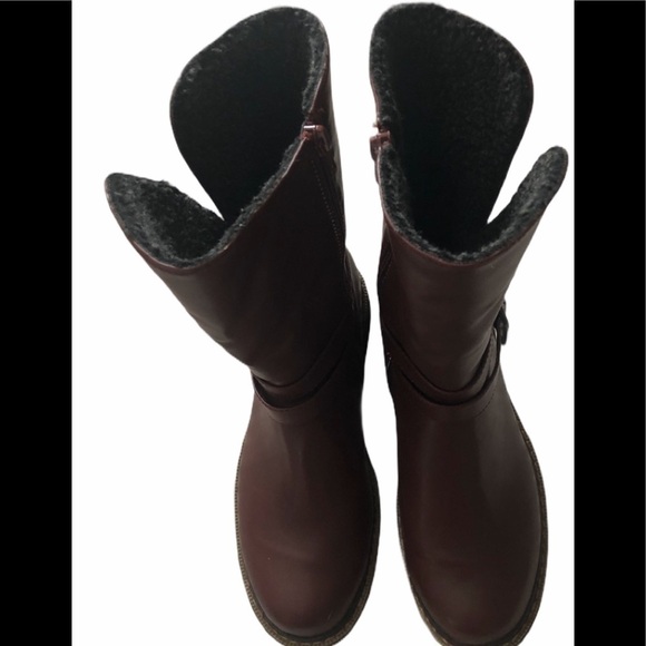 Steve Madden Maximus Burgundy Double Buckle Leather Boot Charcoal Sherpa Lined - Picture 6 of 8